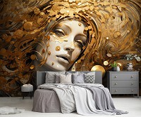 Флизелиновые 3д фотообои для кухни 254x184 см Фантастическое изображение девушки в золотых узорах (14705V4) +клей