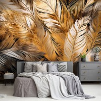 Флизелиновые фотообои для стен 368x254 см Золотые перья с черным цветом на темном фоне (14706V8) +клей