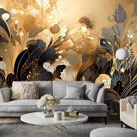 Флизелиновые фотообои 460x300 см Цветочная абстракция с черными и золотыми оттенками (14707V12) +клей
