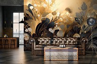 Флизелиновые фотообои 368x254 см Цветочная абстракция с черными и золотыми оттенками (14707V8) +клей
