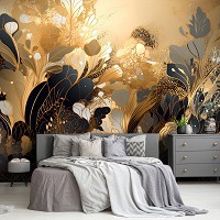 Флизелиновые фотообои 368x280 см Цветочная абстракция с черными и золотыми оттенками (14707V10) +клей