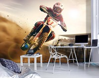 Флизелиновые детские 3д фотообои для мальчиков 416x290 см Мотоцикл в момент скорости на светлом фоне (14710VEXXXXL) +клей
