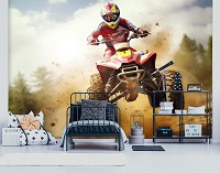 Флизелиновые детские 3д фотообои для мальчиков 312x219 см Гонщик в моменте в воздухе на квадроцикле (14711VEXXL) +клей