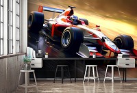 Флизелиновые детские 3д фотообои для мальчиков 416x290 см Машина Формула-1 в моменте наибольшей скорости (14712VEXXXXL) +клей