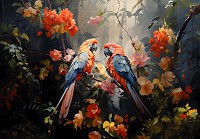 Флізелінові фотошпалери 3д квіти птиці 460x300 см Яскрава пара папуг на квітковому дереві в чагарниках (14715V12) +клей - вид 1 мініатюра