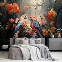 Флизелиновые фотообои 3д цветы птицы 254x184 см Яркая пара попугаев на цветочном дереве в зарослях (14715V4) +клей