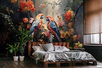 Флизелиновые фотообои 3д цветы птицы 368x254 см Яркая пара попугаев на цветочном дереве в зарослях (14715V8) +клей