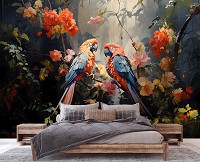Флизелиновые фотообои 3д цветы птицы 416x254 см Яркая пара попугаев на цветочном дереве в зарослях (14715VEXXXL) +клей