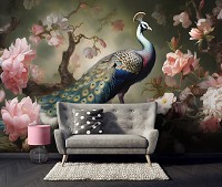 Флизелиновые фотообои птицы 520x318 см Невероятный павлин рядом с нежными лепестками цветов (14721VEXXXXXL) +клей