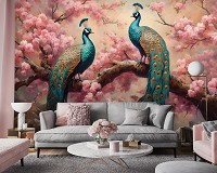 Флізелінові фотошпалери птиці 520x318 см Пара сині золоті павичі на тлі рожевих квітів (14722VEXXXXXL) +клей