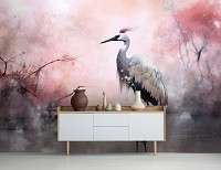 Флизелиновые фотообои птица 368x254 см Одинокая цапля в пруду на розовом фоне (14723V8) +клей