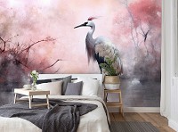 Флизелиновые фотообои птица 416x254 см Одинокая цапля в пруду на розовом фоне (14723VEXXXL) +клей