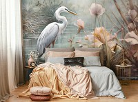 Флизелиновые фотообои на стену птица 368x254 см Белая цапля в пруду в рисованном стиле (14725V8) +клей