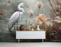 Флизелиновые фотообои на стену птица 312x219 см Белая цапля в пруду в рисованном стиле (14725VEXXL) +клей