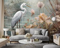 Флизелиновые фотообои на стену птица 416x254 см Белая цапля в пруду в рисованном стиле (14725VEXXXL) +клей