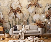 Флизелиновые фотообои в интерьере спальни 368x280 см Нежные лепестки цветов на светло-коричневом фоне (14727V10) +клей