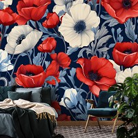 Флизелиновые фотообои на кухню цветы 254x184 см Красные и белые маки на синем фоне (14733V4) +клей