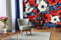 Флизелиновые фотообои цветы в интерьере 520x318 см Красные и белые маки на синем фоне (14733VEXXXXXL) +клей