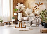 Флизелиновые фотообои на стену 312x219 см Нежный белый цветок на золотом фоне под бумагу (14753VEXXL) +клей