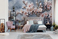 Флизелиновые 3д фотообои на стену 368x254 см Ветвь усеяна светло розовыми цветами на сером фоне (14754V8) +клей
