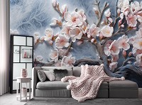 Флизелиновые 3д фотообои в интерьере 312x219 см Ветвь усеяна светло розовыми цветами на сером фоне (14754VEXXL) +клей