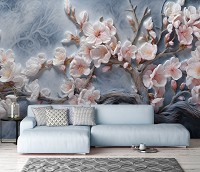 Флизелиновые 3д фотообои в интерьере 416x254 см Ветвь усеяна светло розовыми цветами на сером фоне (14754VEXXXL) +клей