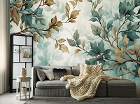 Флізелінові фотошпалери листя на стіні 368x254 см Гілки жовтих та зелених відтінків на світлому фоні (14756V8) +клей