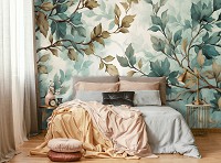 Флізелінові фотошпалери листя 460x300 см Гілки жовтих та зелених відтінків на світлому фоні (14756V12) +клей