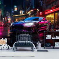 Флизелиновые 3д детские фотообои для мальчика 312x219 см Спортивная машина в ночном городе (14757VEXXL) +клей