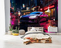 Флизелиновые 3д детские фотообои для мальчика 254x184 см Спортивная машина в ночном городе (14757V4) +клей