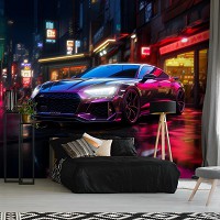 Флизелиновые 3д детские фотообои для мальчика 368x254 см Спортивная машина в ночном городе (14757V8) +клей