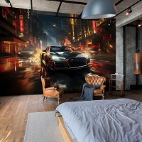 Флизелиновые 3д детские фотообои для мальчика 254x184 см Черная машина в ночном городе (14758V4) +клей