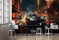 Флизелиновые 3д детские фотообои для мальчика 312x219 см Черная машина в ночном городе (14758VEXXL) +клей