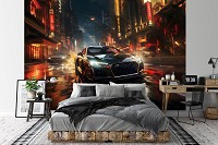 Флизелиновые 3д детские фотообои для мальчика 368x280 см Черная машина в ночном городе (14758V10) +клей