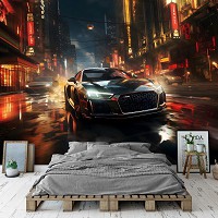 Флизелиновые 3д детские фотообои для мальчика 416x290 см Черная машина в ночном городе (14758VEXXXXL) +клей