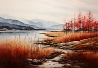 Флизелиновые фотообои искусство живопись 520x318 см Осенний пейзаж возле реки в рисованном стиле (14759VEXXXXXL) +клей - вид 1 миниатюра