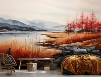 Флизелиновые фотообои искусство живопись 368x254 см Осенний пейзаж возле реки в рисованном стиле (14759V8) +клей