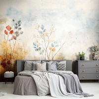 Флизелиновые фотообои цветы 368x254 см Листья желтый синий оттенок на сером фоне (14760V8) +клей