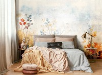 Флизелиновые фотообои цветы 416x290 см Листья желтый синий оттенок на сером фоне (14760VEXXXXL) +клей