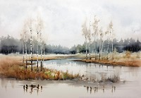 Флизелиновые фотообои искусство живопись 368x254 см Осенний пейзаж под акварельными красками (14761V8) +клей - вид 1 миниатюра