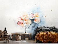 Флизелиновые фотообои в стиле модерн 416x290 см Нежно желтые листья на синем фоне (14762VEXXXXL) +клей