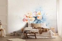 Светлые флизелиновые фотообои цветы 254x184 см Нежно желтые листья на синем фоне (14762V4) +клей