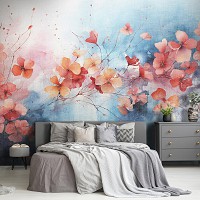 Флізелінові фотошпалери 254x184 см Гілка усіяна червоно-жовтими квітками на блакитному тлі (14763V4) +клей