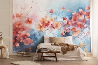 Флізелінові фото шпалери 368x254 см Гілка усіяна червоно-жовтими квітками на блакитному тлі (14763V8) +клей