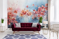 Флизелиновые фотообои 368x280 см Ветвь усеяна красно-желтыми цветками на синем фоне (14763V10) +клей
