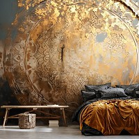 Флизелиновые фотообои абстрактные 312x219 см Золотая винтажная мандала на сером фоне (14765VEXXL) +клей