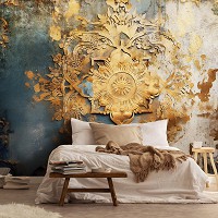 Абстрактні флізелінові фотошпалери 368x254 см Золота мандала на бетонній стіні під барельєфом (14766V8) +клей
