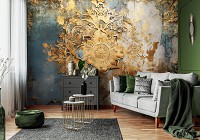 Красиві флізелінові фотошпалери абстракції 312x219 см Золота мандала на бетонній стіні під барельєфом (14766VEXXL) +клей