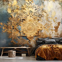 Флизелиновые фотообои 520x318 см Золотая мандала на бетонной стене под барельефом (14766VEXXXXXL) +клей