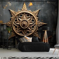 Красивые флизелиновые 3д фотообои 460x300 см Золотая мандала под барельефом на темной бетонной стене (14767V12) +клей
